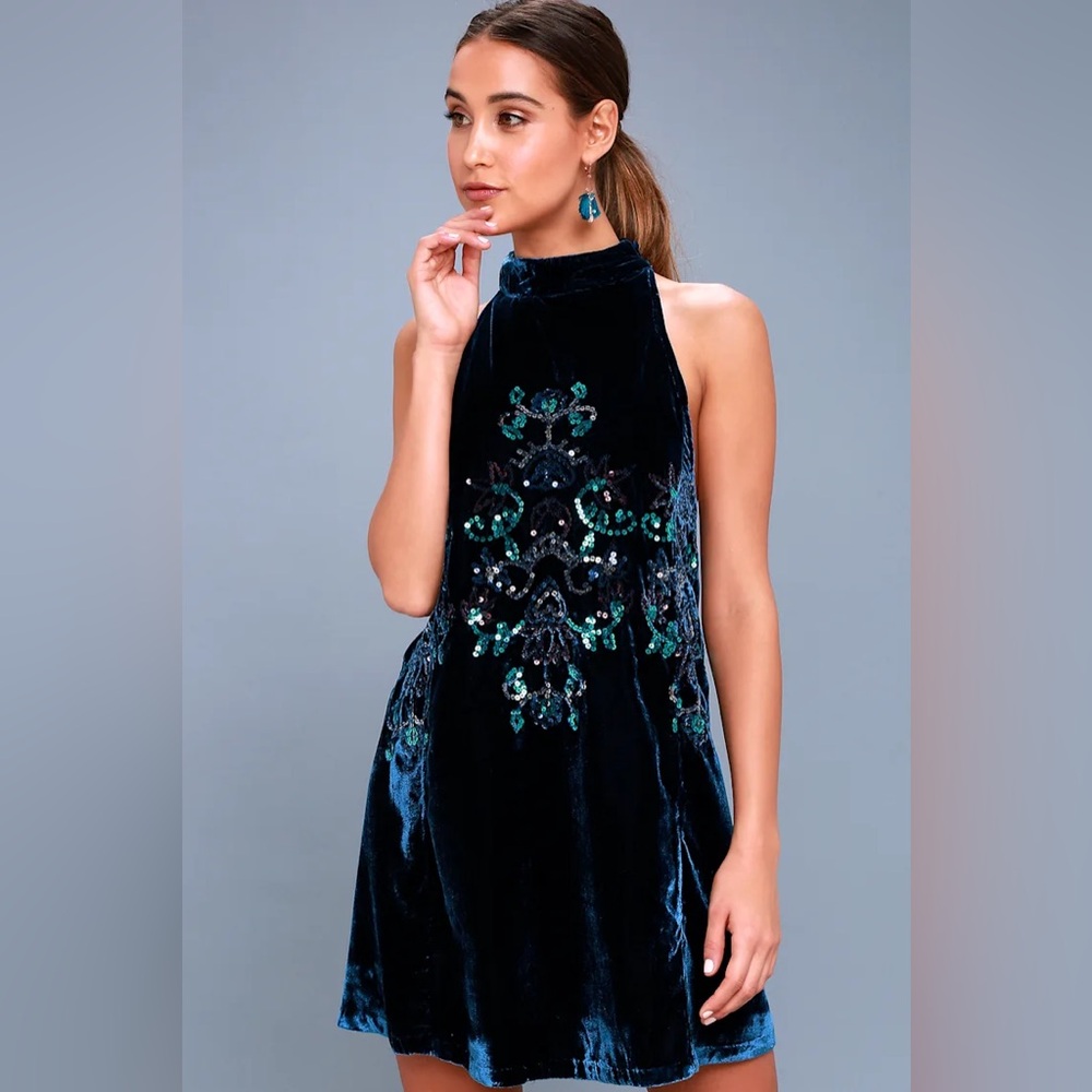 Free People Sequins Blue Velvet Halter Neck Swing Mini Dress